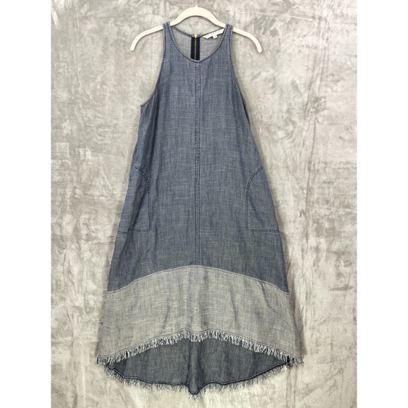 Trina Turk Dresses & Skirts - Trina Turk Linen Blend Dress Size S High-Low Chambray Blue Swing Trapeze Pocket